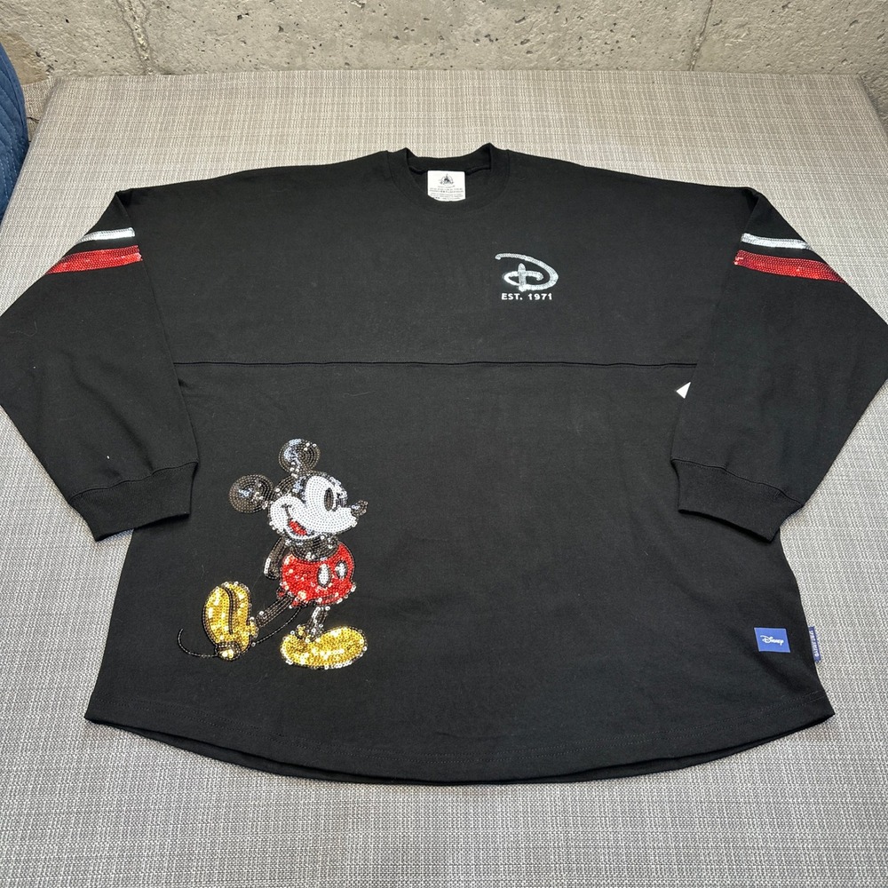 New Disney World Spirit Jersey Sweatshirt XL Mickey Mouse Sequin Black